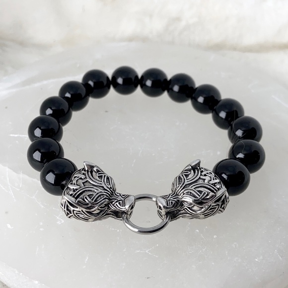 Men or women Rocker viking stainless steel tribal wolfs heads & genuine onyx - Picture 5 of 16